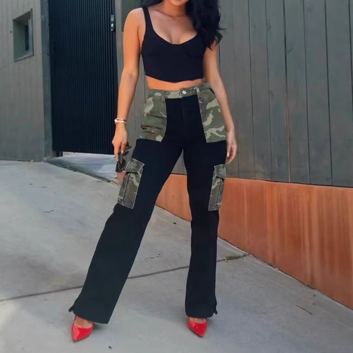 Damen High-Waist Utility-Jeans mit Camouflage-Paneelen und aufgesetzten Cargotaschen Drune