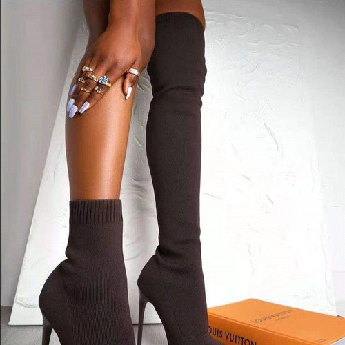 Damen Overknee Stiefel mit elegantem spitzem Absatz und modischem Strickdesign Drune