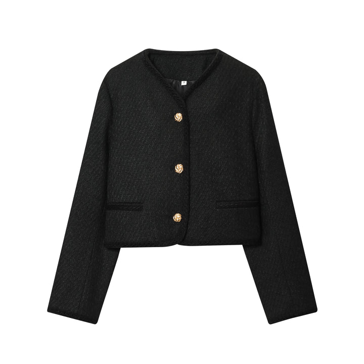Damen nan kurz geschnittene Bouclé-Jacke mit geflochtenem Rand und goldenen Zierknöpfen Drune