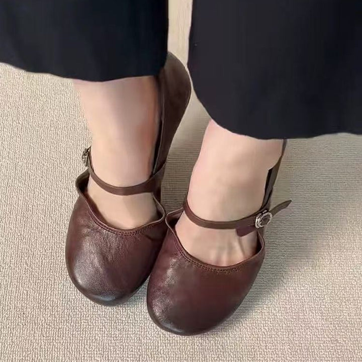 Damen Klassische Leder Mary Jane Ballerinas mit verstellbarem Riemen Drune