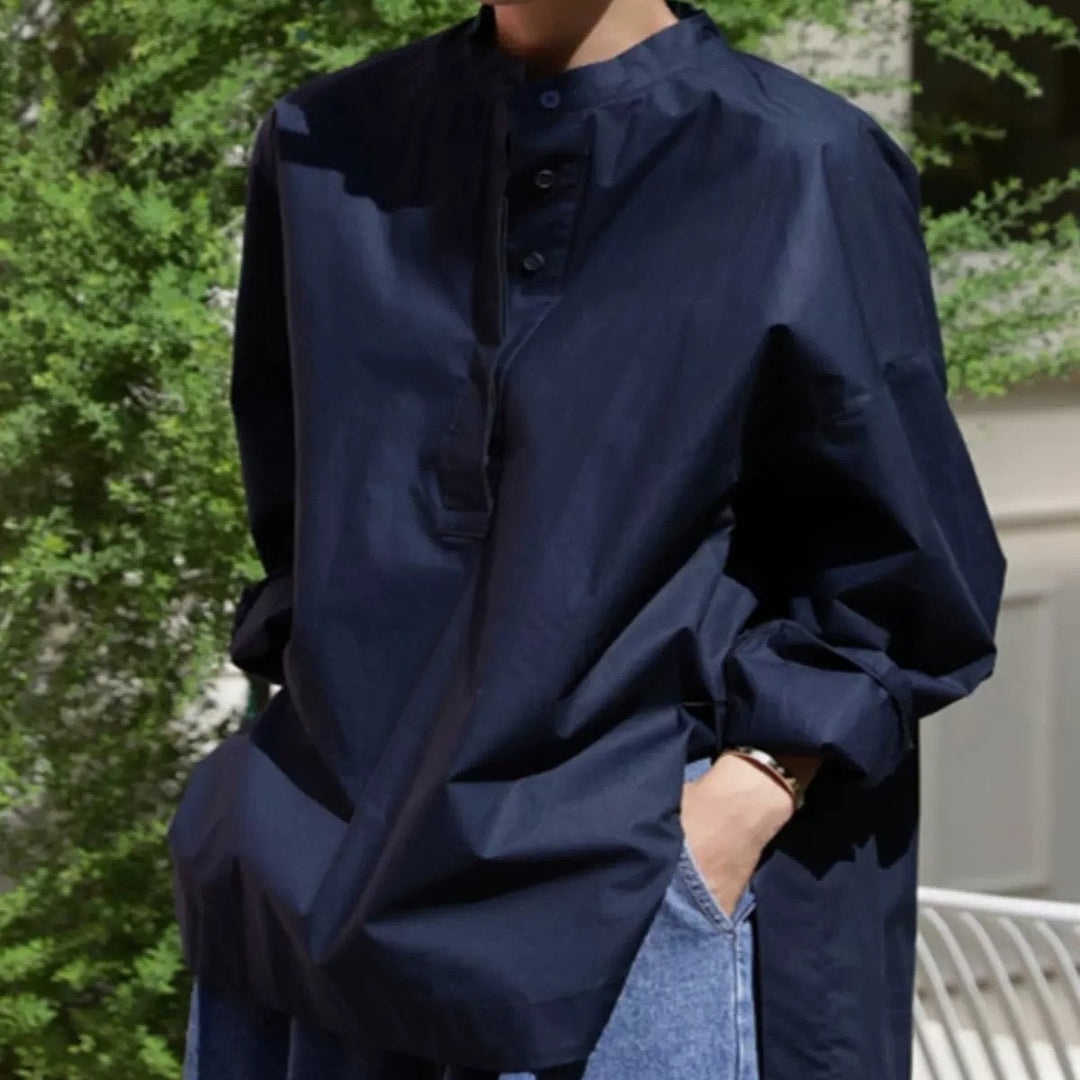 Damen Boxy-Baumwollbluse mit breitem Kentkragen und legerer Passform Drune