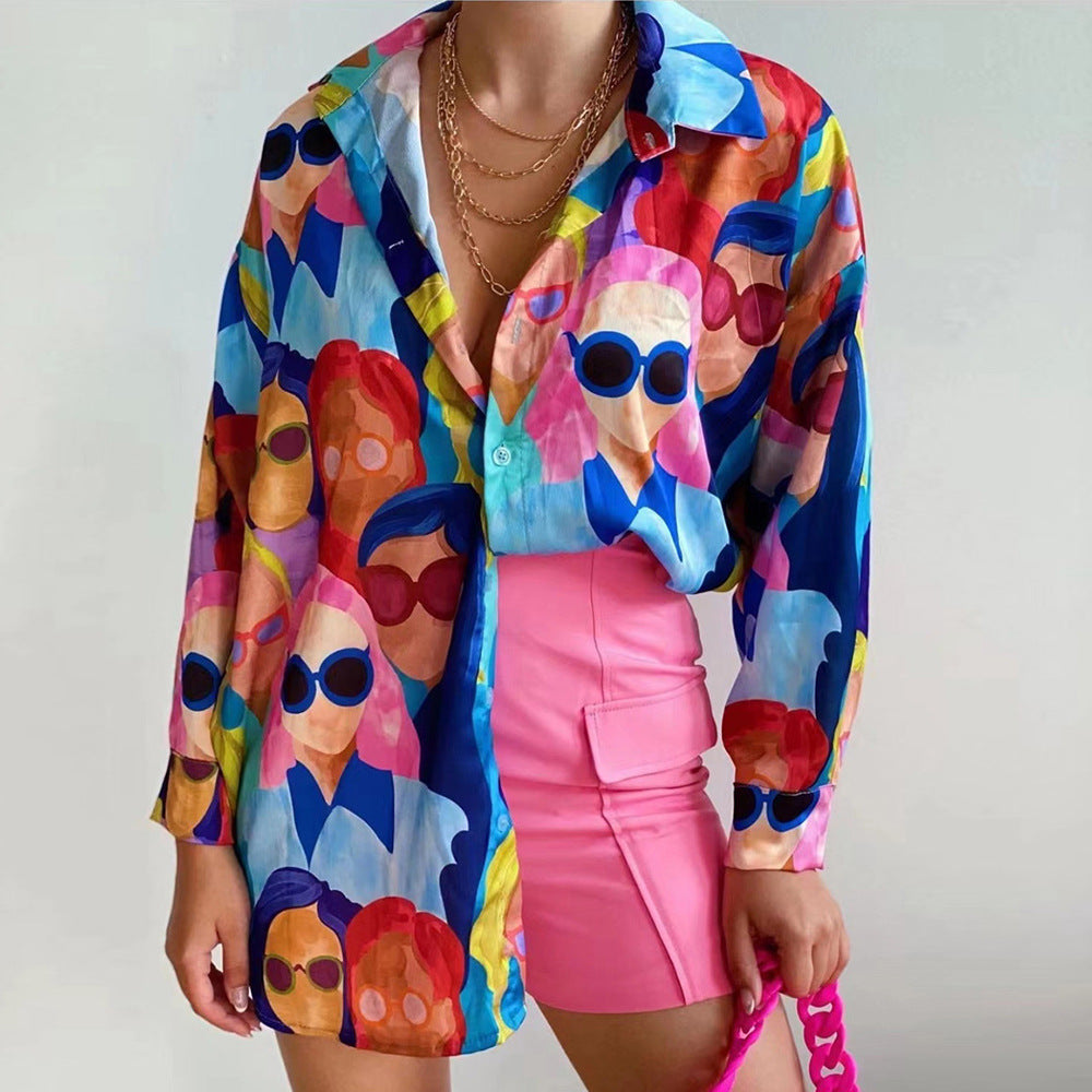 Damen Oversized Bluse mit buntem Grafikdruck Drune