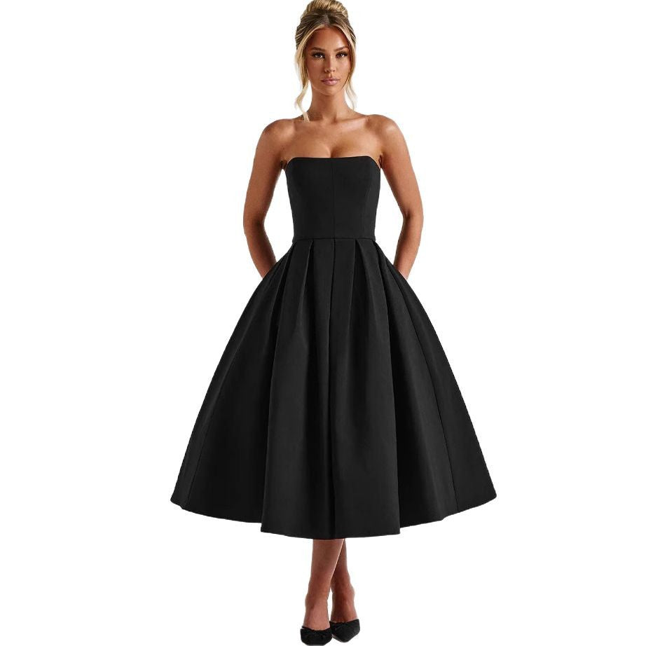 Damen A-Linien Abendkleid mit tiefem Wasserfallausschnitt und elegantem Plissee Drune