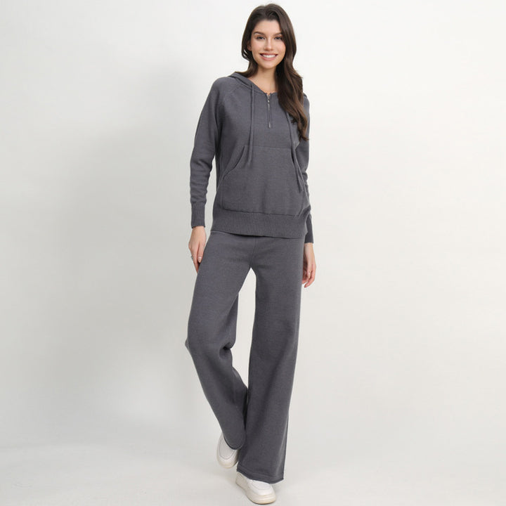Damen lässiges Strick-Loungewear-Set mit Kapuze und weitem Bein Drune