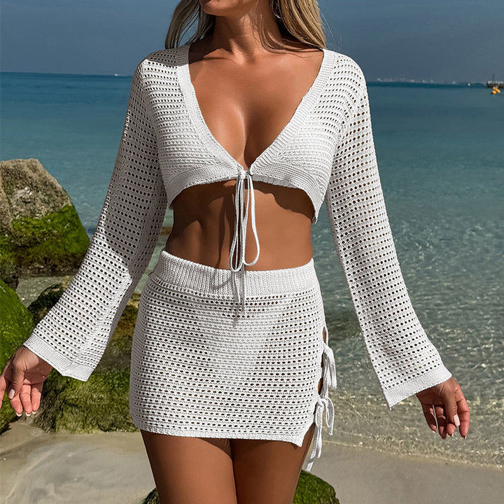 Damen gehäkeltes Two-Piece Set mit tiefem V-Ausschnitt und Schlitzdetails Drune
