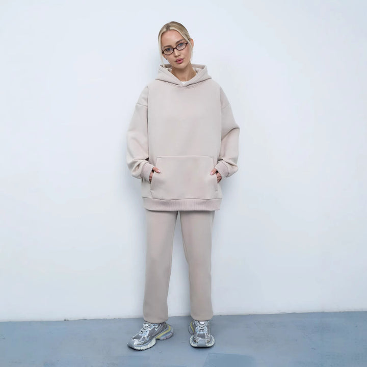 Damen lässiges Kapuzen-Sweatset aus schwerer Baumwollfleece mit Kängurutasche und gerader Jogginghose Drune