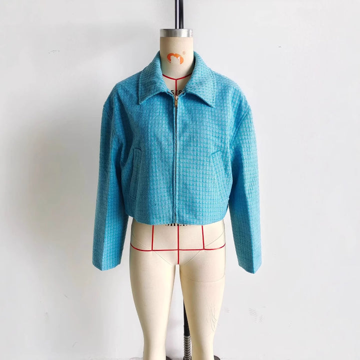 Damen nan cropped kastige Tweedjacke mit Hemdkragen, verdecktem Reißverschluss und Paspeltaschen Drune