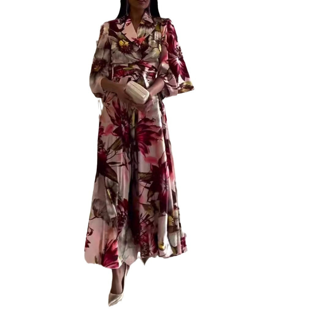 Damen nan Maxikleid mit Reverskragen, Kimonoärmeln und taillierendem Bindegürtel Drune