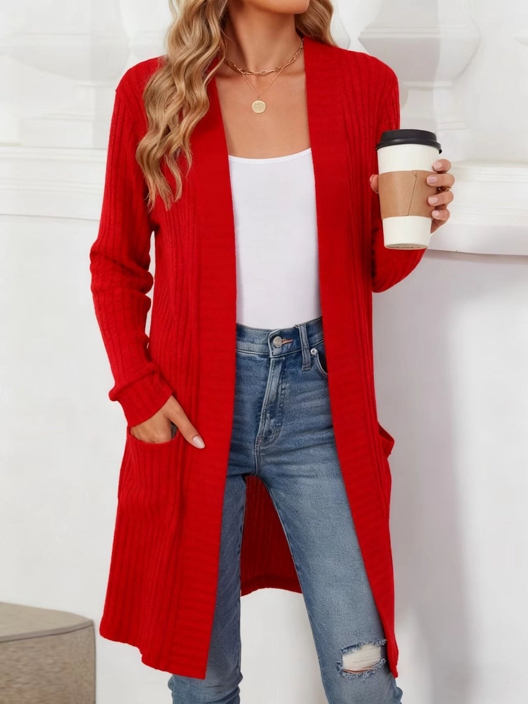 Damen Longcardigan aus geripptem Chenille mit aufgesetzten Taschen Drune