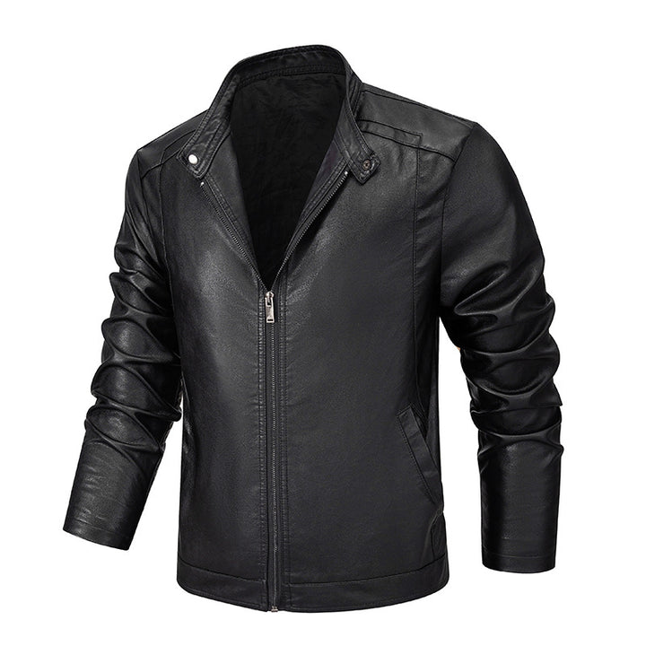 Herren Slim-Fit Kunstleder-Reißverschlussjacke mit Stehkragen und Nahtpaneelen Drune