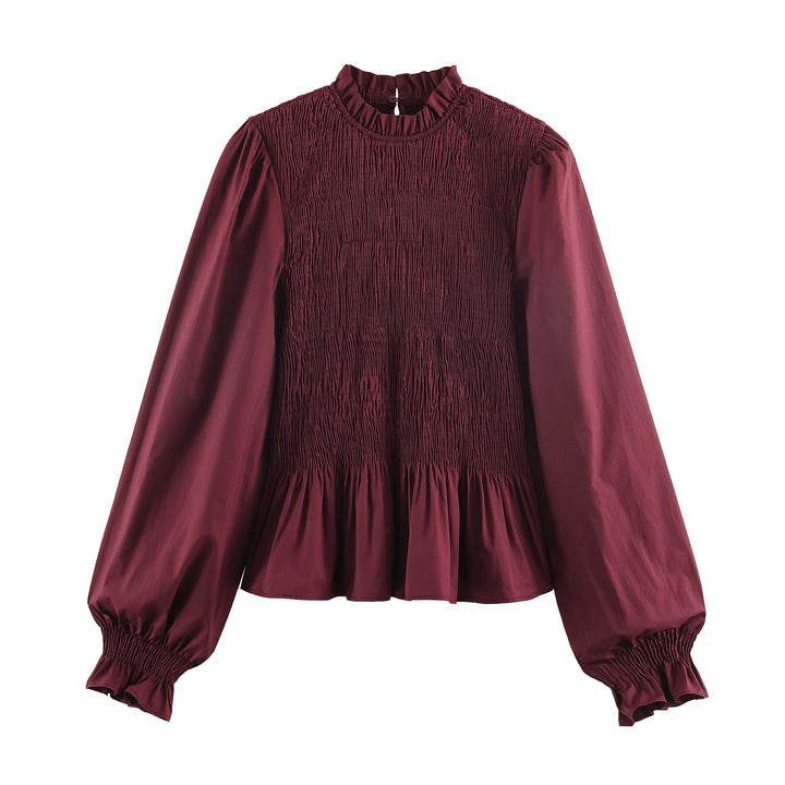 Damen Bluse mit Smok-Detail, Rüschenkragen und Volumenärmeln Drune