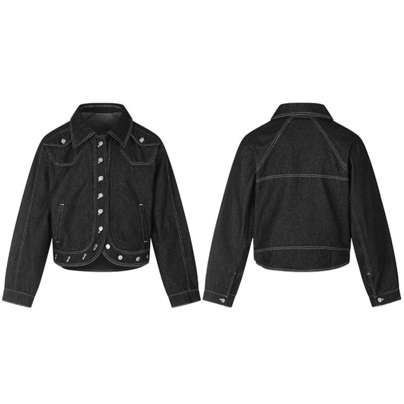 Damen Cropped Denim-Jacke im Western‑Look mit Kontrastnähten und Metall-Druckknöpfen Drune