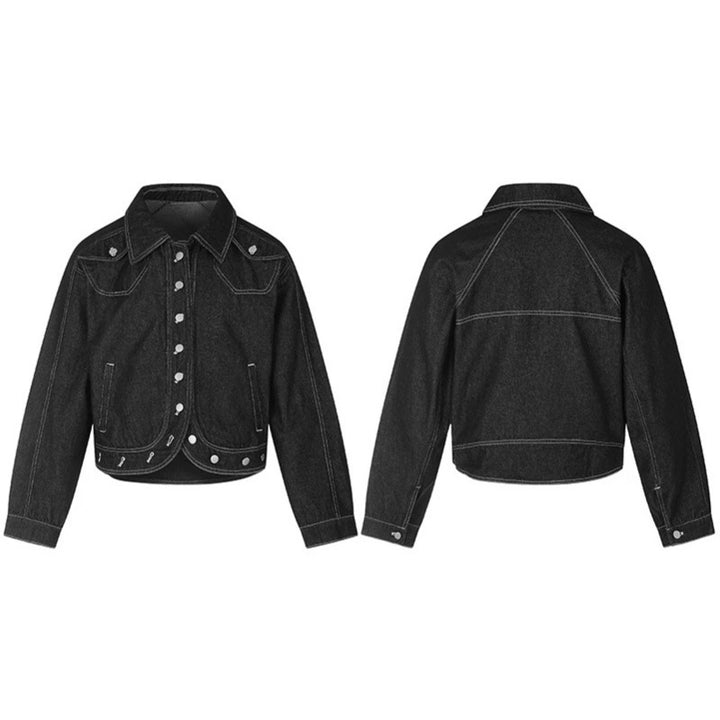 Damen Cropped Denim-Jacke im Western‑Look mit Kontrastnähten und Metall-Druckknöpfen Drune