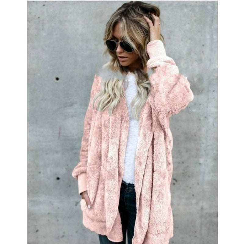 Damen Kuschelige Teddy‑Fleece‑Cardigan mit Kapuze, Oversize‑Schnitt und aufgesetzten Taschen Drune