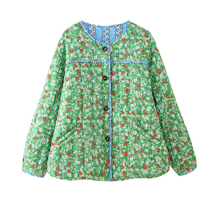 Damen nan gesteppte Blumenjacke mit Rundhalsausschnitt, kontrastpaspel und aufgesetzten Taschen Drune