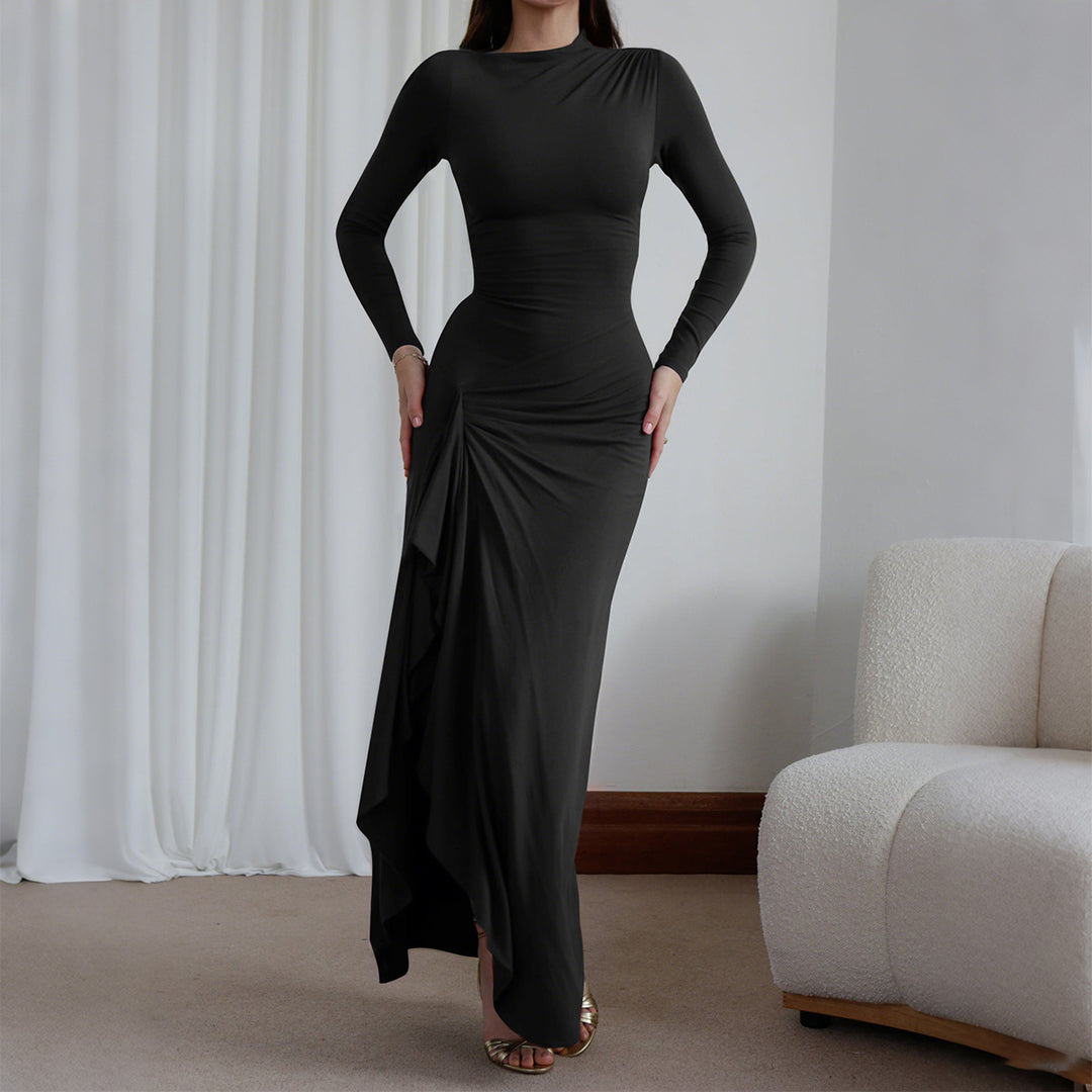 Damen nan gerafftes Maxikleid mit langen Ärmeln, taillierender Stretch-Passform und seitlichem Volant-Detail Drune