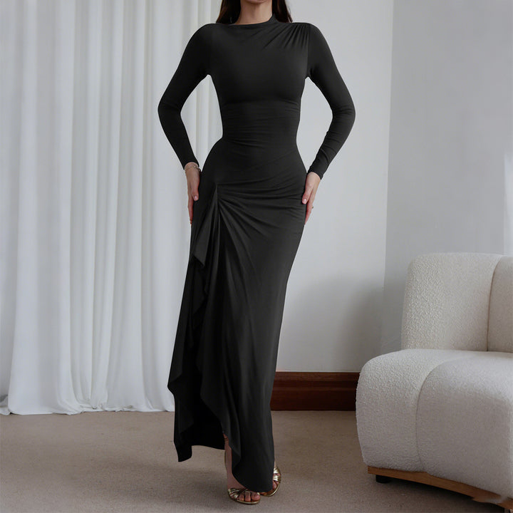 Damen nan gerafftes Maxikleid mit langen Ärmeln, taillierender Stretch-Passform und seitlichem Volant-Detail Drune