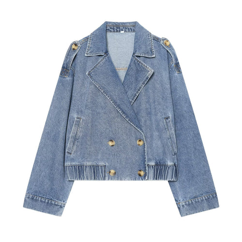 Damen kurze Double-Breasted Jeansjacke mit Überschlagkragen, Schulterklappen und gesmoktem Saum Drune