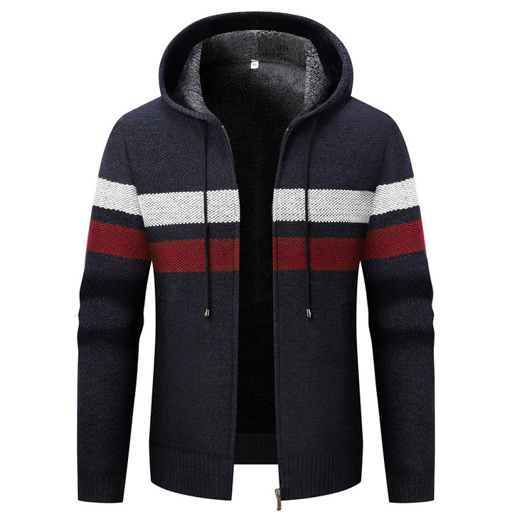 Herren Kapuzen-Strickjacke mit Teddyfutter, Reißverschluss und Kontraststreifen Drune