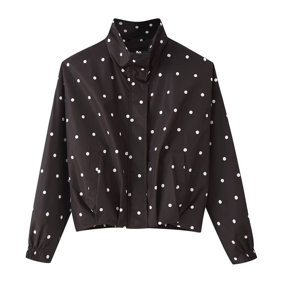 Damen Cropped-Übergangsjacke im Polka‑Dot-Design mit Stehkragen und elastischen Bündchen Drune