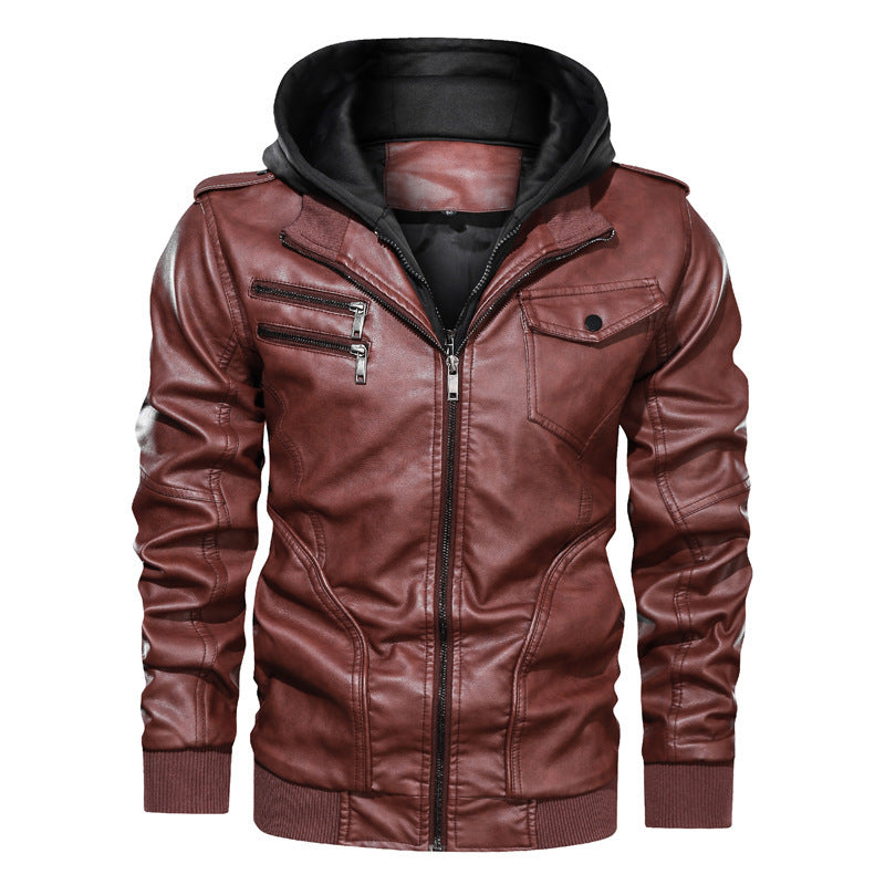 Herren Lederoptik Kapuzenjacke im Bikerstil mit Reißverschlusstaschen und Rippbündchen Drune