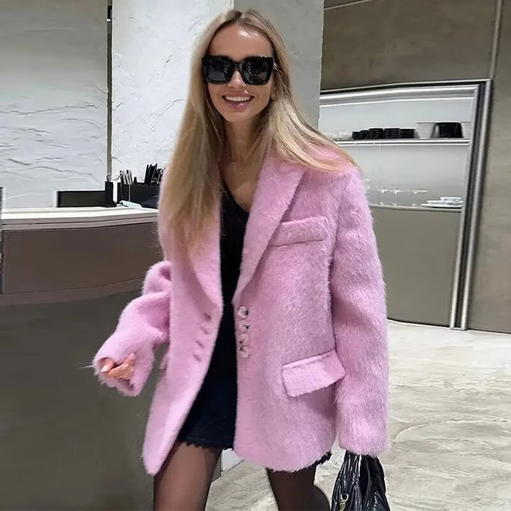 Damen nan taillierter Kurzmantel-Blazer in Teddyoptik mit Reverskragen und Pattentaschen Drune