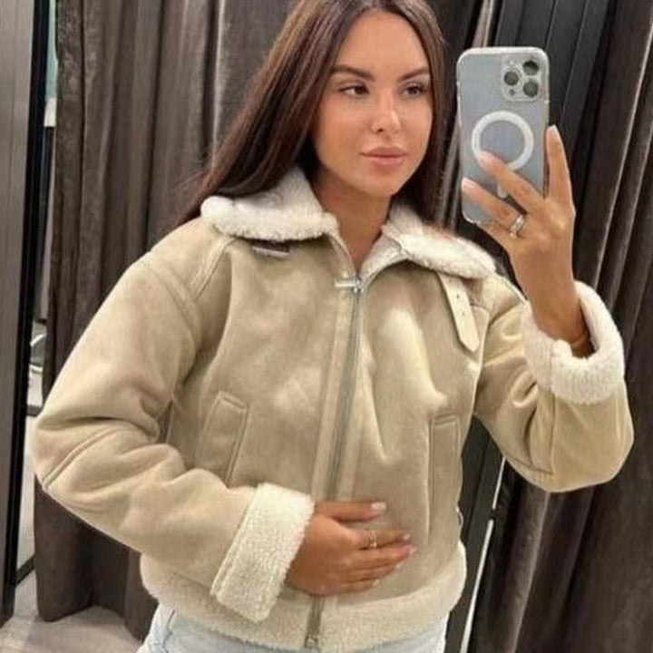 Damen Hochgeschnittene Pilotjacke aus veganer Lederoptik mit Teddyfutter und Reißverschluss Drune