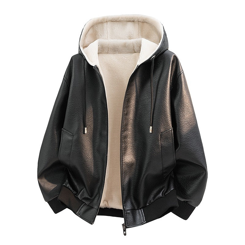 Herren Kapuzenjacke aus Leder mit Teddyfutter Drune