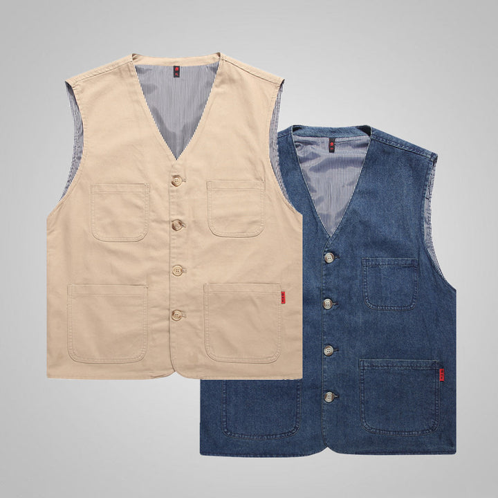 Herren Canvas-Utilityweste aus Baumwolle mit aufgesetzten Taschen und gestreiftem Innenfutter Drune