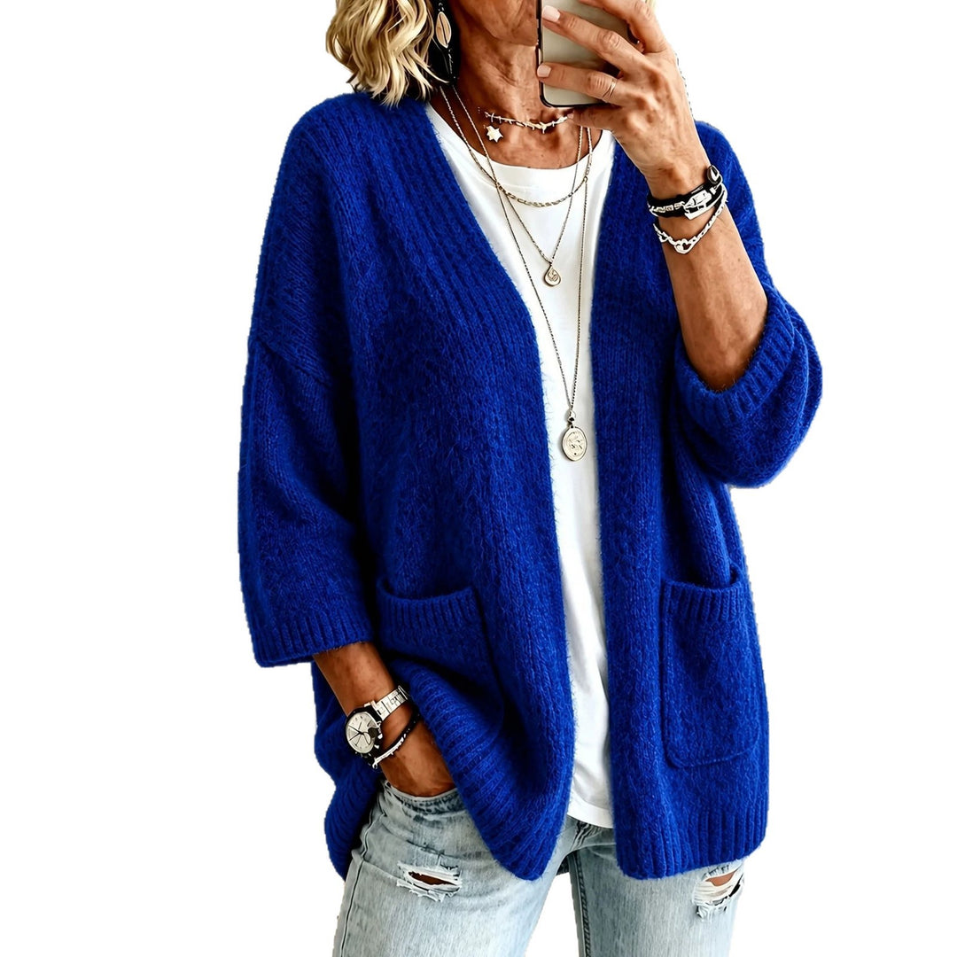 Damen Offener Longcardigan im Mohair-Look mit aufgesetzten Taschen und überschnittener Schulter Drune