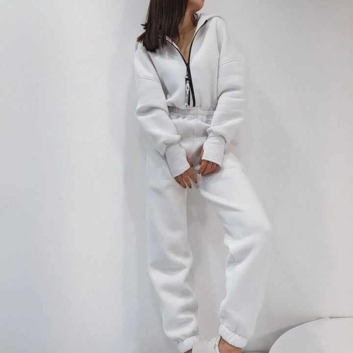 Damen taillierter Sweat-Jumpsuit mit halbem Reißverschluss, elastischem Bund und Kängurutaschen Drune