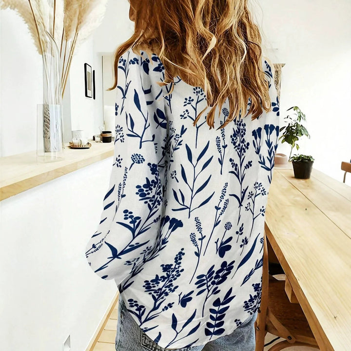 Damen nan lockere Leinenoptik-Bluse mit V-Ausschnitt botanischem Alloverprint und Dreiviertelärmeln Drune