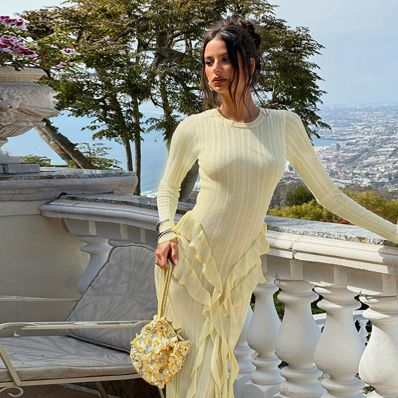 Damen Elegantes Maxikleid mit voluminösen Rüschen und langen Ärmeln Drune