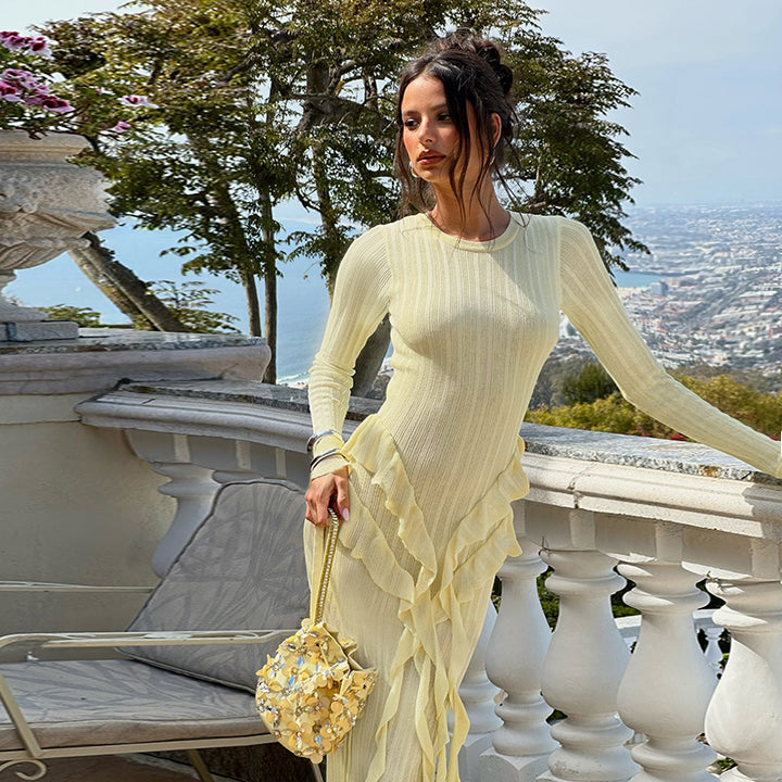 Damen Elegantes Maxikleid mit voluminösen Rüschen und langen Ärmeln Drune