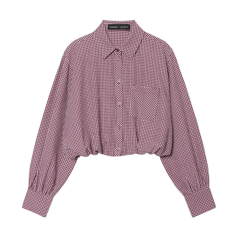 Damen Karierte Cropped Bluse mit Gummizugsaum Drune