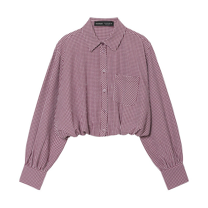 Damen Karierte Cropped Bluse mit Gummizugsaum Drune