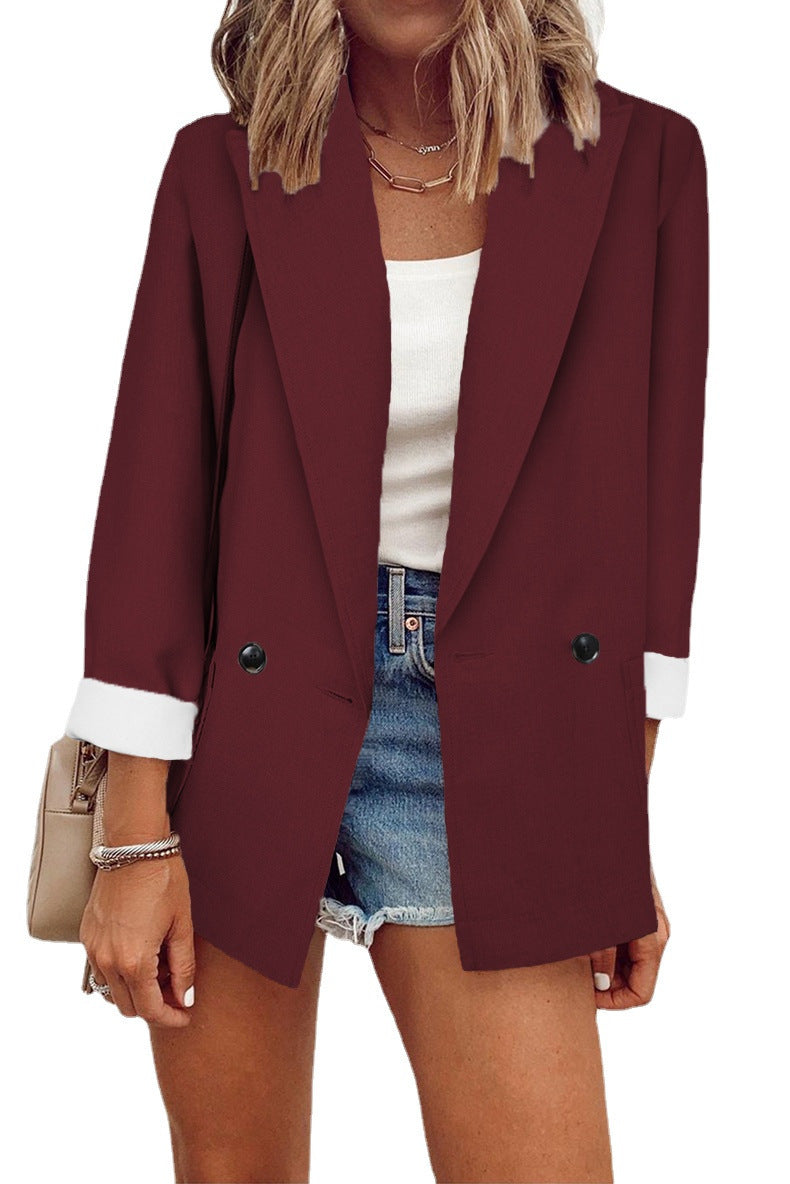 Damen Oversize Longline-Blazer mit 3/4-Ärmeln, Kontrastumschlag und aufgesetzten Taschen Drune