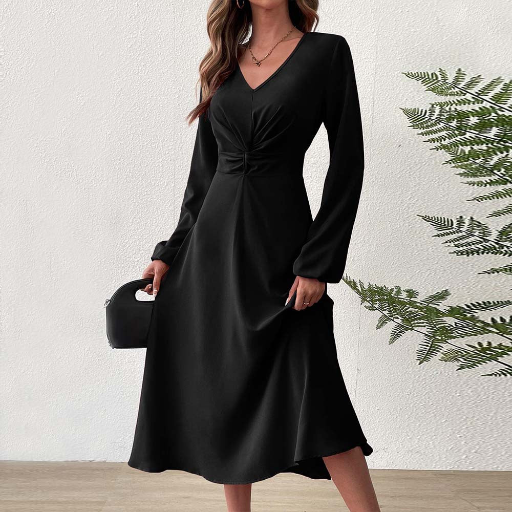 Damen elegantes Midikleid mit figurformender Drapierung und tiefem V-Ausschnitt Drune