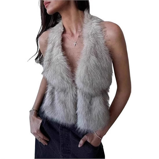Damen Ärmelloses Cropped-Kunstpelz-Set mit Minirock und flauschigen Stulpen Drune