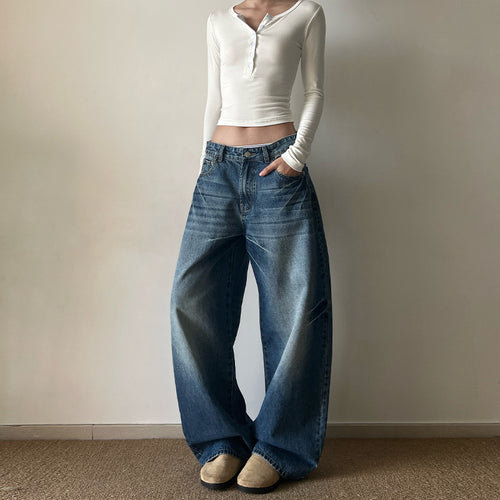 Damen Ultraweite Vintage-Denim Marlene-Jeans mit soften Used-Falten und bodenlangem Saum Drune