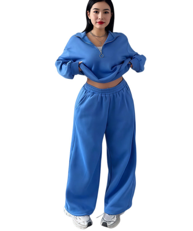 Damen Cropped Oversize-Sweatshirt mit halbem Reißverschluss und weite High-Waist Jogginghose Set Drune