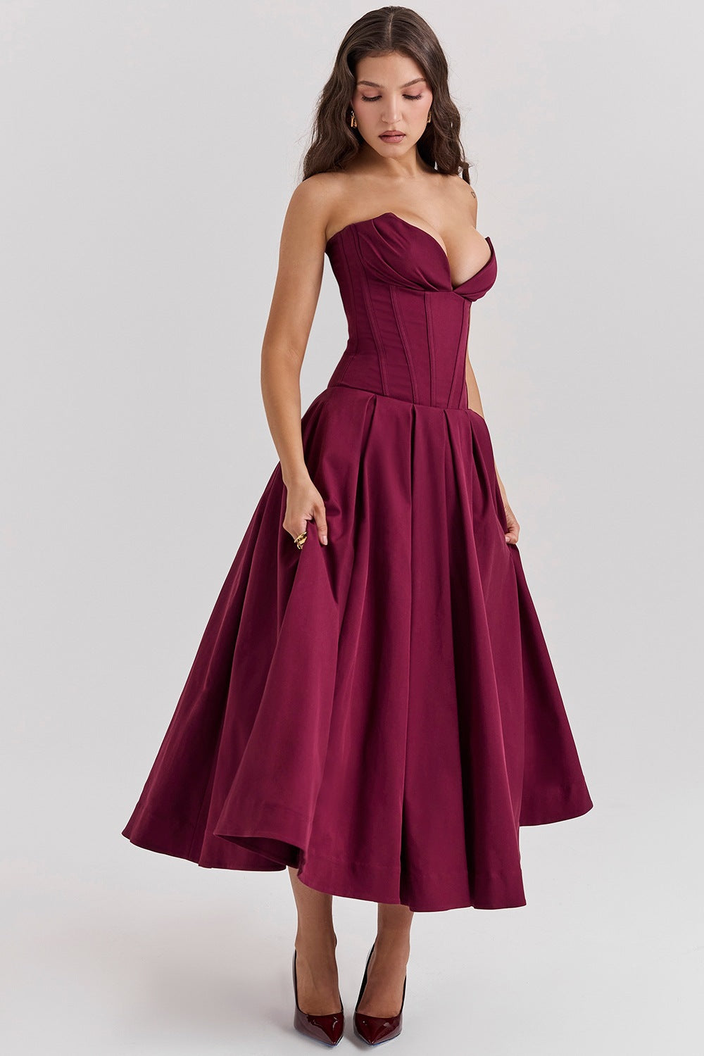 Damen nan trägerloses Korsett-Midikleid mit vorgeformter Miederkonstruktion und ausgestelltem Tellerrock Drune