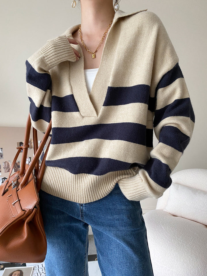 Damen Strickpullover mit V-Ausschnitt und Streifen Drune