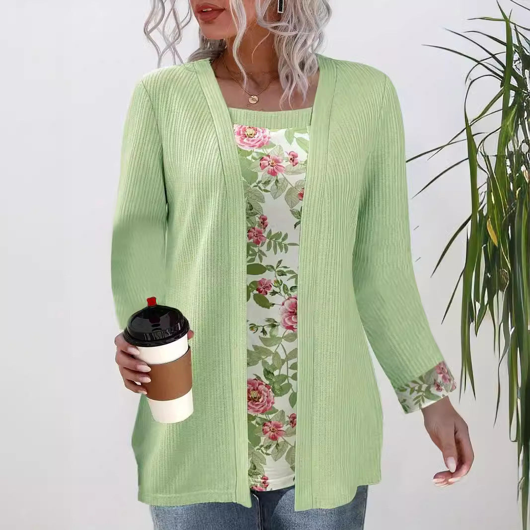 Damen lässiger Cardigan mit floralem Innenfutter und langen Ärmeln Drune