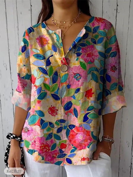 Damen Lose Blumenmuster Leinenlook Bluse Tunika mit V-Ausschnitt und Dreiviertelärmeln Drune