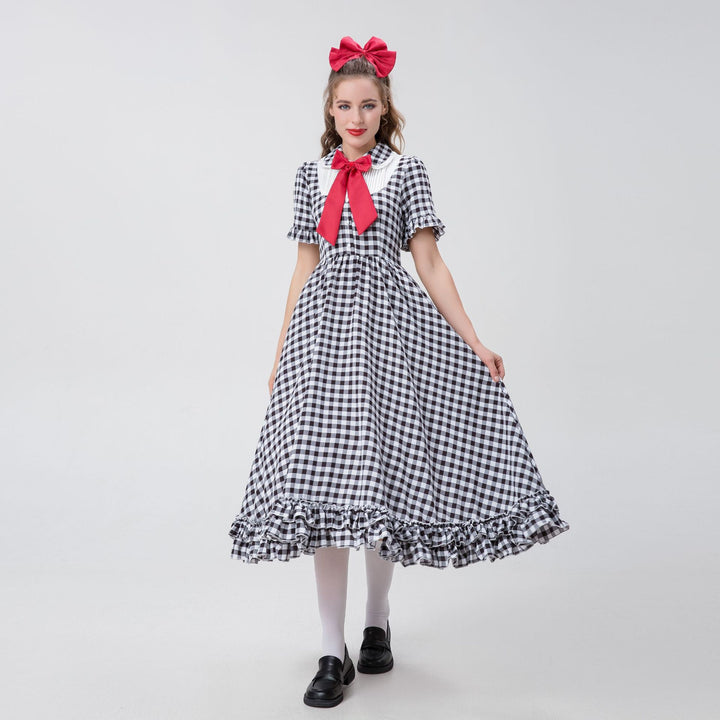 Damen nan Vintage-inspiriertes Karo-Swingkleid mit abnehmbarer Schürze, Rüschenärmeln und Schleifenkragen Drune