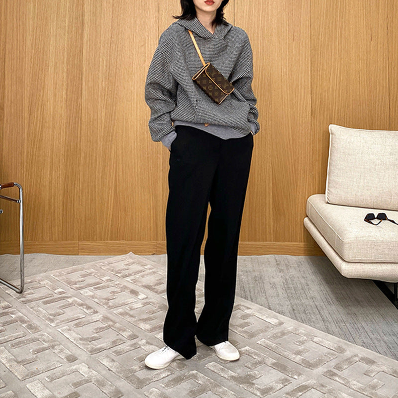 Damen Oversized Sweatjacke mit Kapuze und modernem Houndstooth-Muster Drune