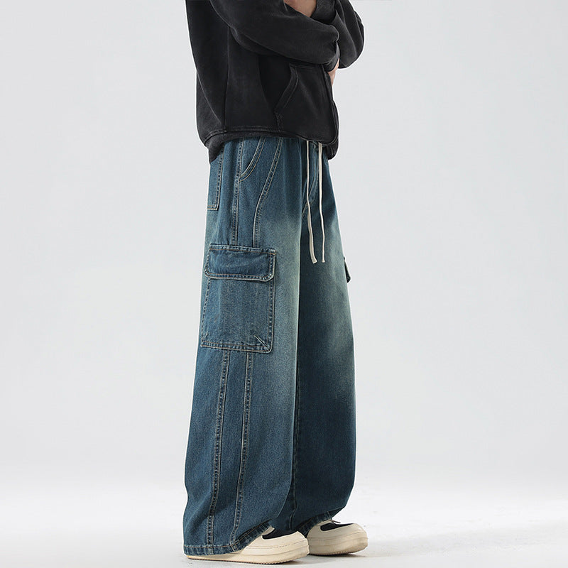 Herren Stonewashed-Denim Cargopalazzo mit extra weitem Bein und sichtbaren Ziernähten Drune