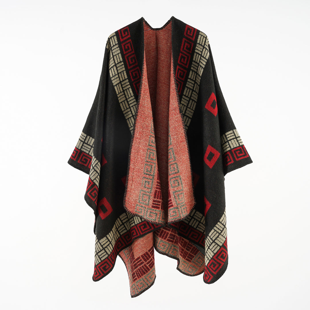 Damen Kastiger Wollmix-Ruana mit kontrastiertem Innenfutter und grafischem Jacquard Drune