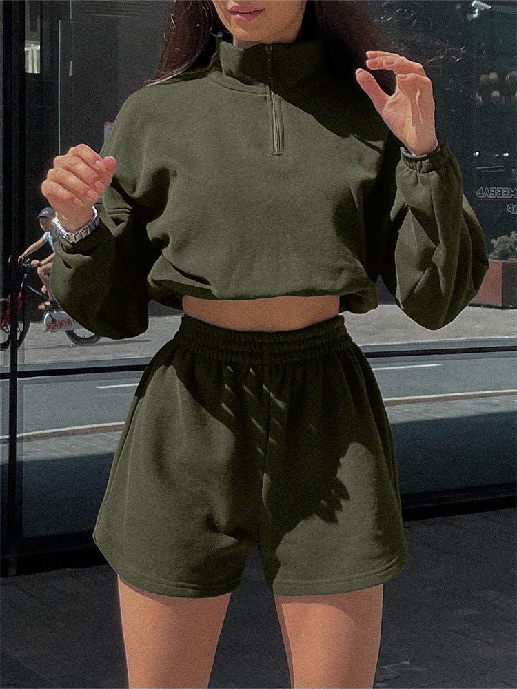 Damen Sportliches Cropped-Kapuzenoberteil mit kurzen Hosen Drune